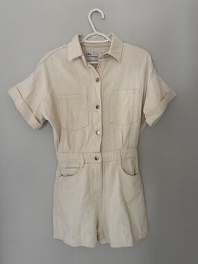Zara Utilitarian-style Denim Short Sleeve Romper XS Utility Safari Chic Summer